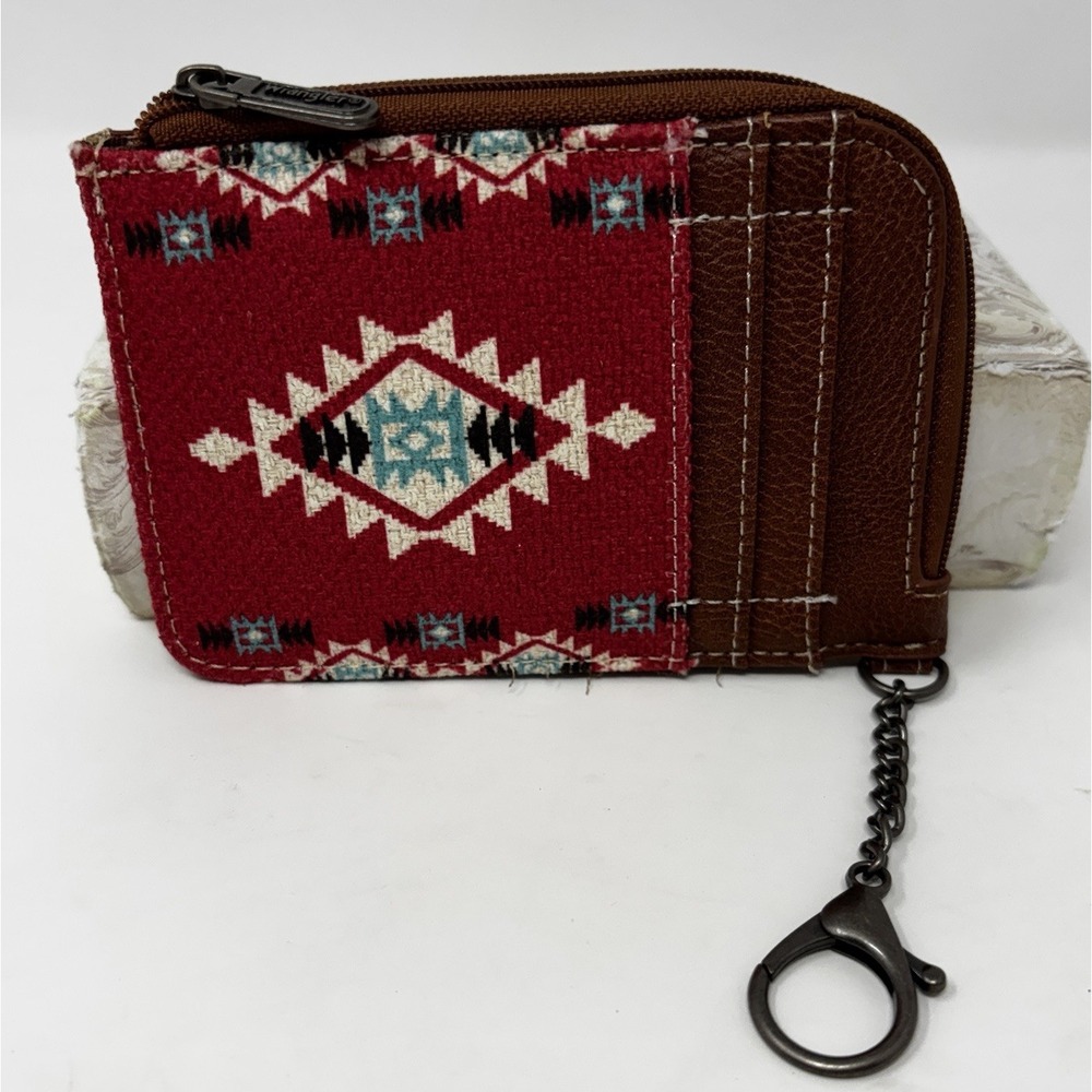 Wrangler Western Aztec Zip Card Holder Wallet Red Brown Turquoise Keychain New